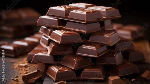 Pieces of chocolate with cocoa powder on a black wooden background.