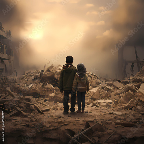 Palestinian children stand on the ruins of buildings. The city is destroyed, there is war. Destroyed houses, small children in the background