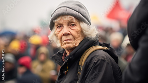 Close up portrait of female activist standing in a crowd of women during demonstration for women's rights