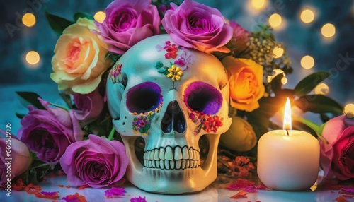  A skull with flowers on it and a candle in the background Generative AI