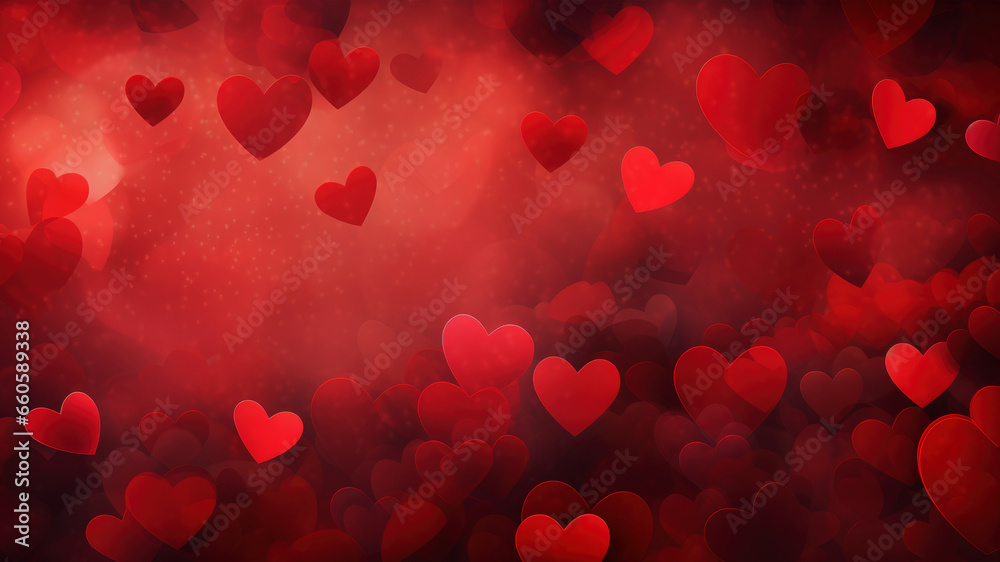Fallen red hearts on blurred foggy red background, symbolised love, valentine day, romance, wedding, texture, card
