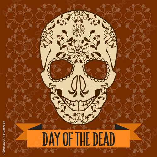 Mexican Day of the Dead illustration with Death Mask Skull with flowers ornament. Holiday card, vector