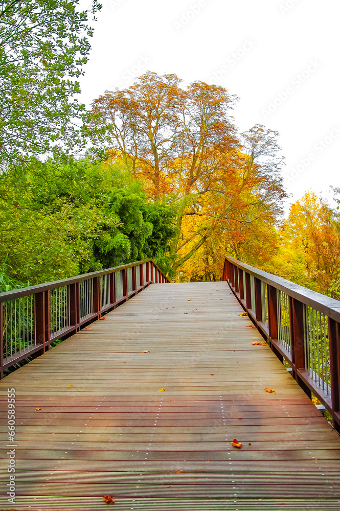 Mannheim, Germany. Wooden bridge. Luisen city park at sunset golden Autumn colors. Cityscape in the historical downtown at sunny day Mannheim, Germany. Wooden bridge. Luisen city park at sunset golden Autumn colors. Cityscape in the historical downtown at sunny day