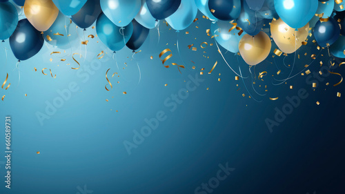 Celebration, birthday, wedding, ballons blue golden, golden ribbons, flying on the top of image, blue background, texture, card