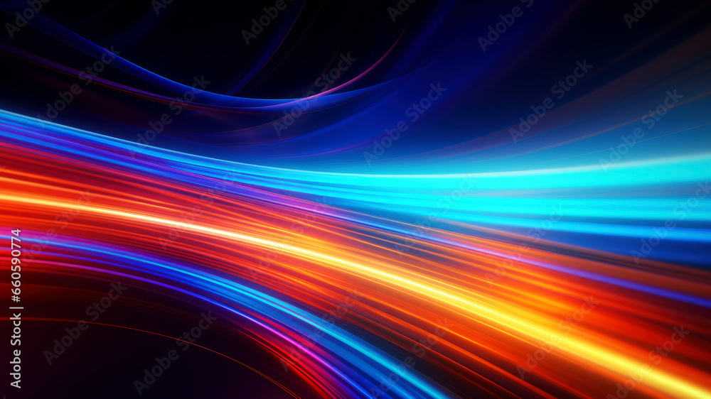 Neon colored lines, orange and blue moving strokes or lasers as curve, wave on black background