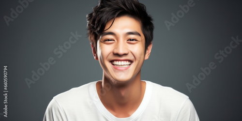 joyful Asian man against a flat background, expressing happiness 