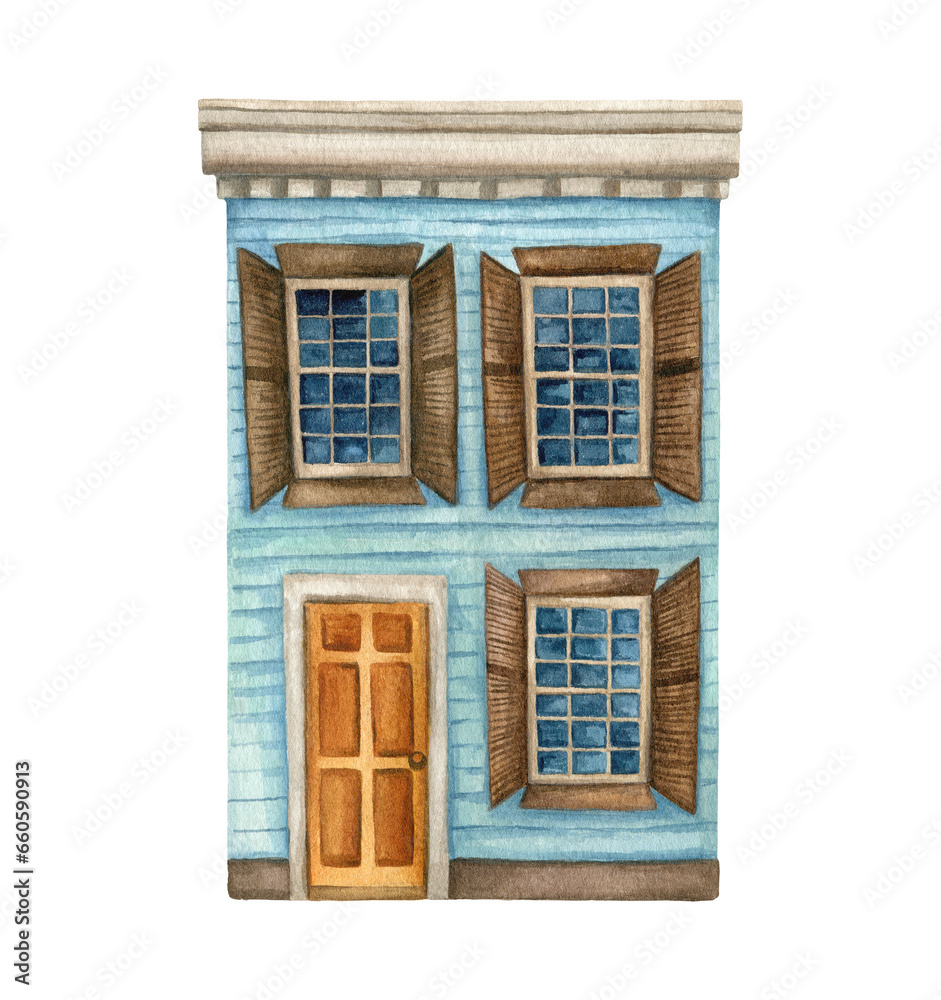 Watercolor illustration of a blue wooden house with window shutters.