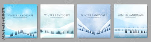 Vector illustration. Flat landscape. Snowy background. Snowdrifts. Snowfall. Clear blue sky. Blizzard. Cartoon wallpaper. Cold weather. Winter season. Design elements for web banner, social media