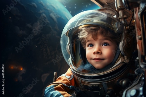 Pioneering Astronaut spaceship space child boy. Sky flight. Generate Ai