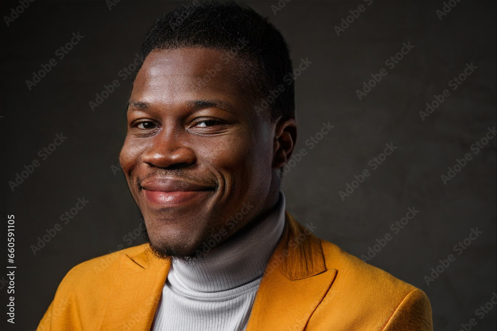 Close-up of a handsome dark skinned man in a vibrant yellow blazer, smiling against a dark textured backdrop Close-up of a handsome dark skinned man in a vibrant yellow blazer, smiling against a dark textured backdrop