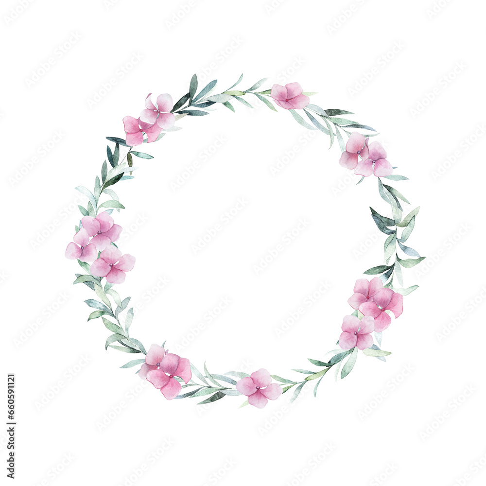Watercolor wreath with delicate  pink hydrangea flowers, eucalyptus branches. Hand drawn floral illustration on white background.  Vintage frame, for wedding, invitation