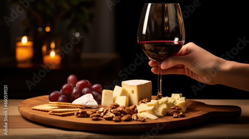 Woman tastes an assortment of cheeses with wine at a restaurant