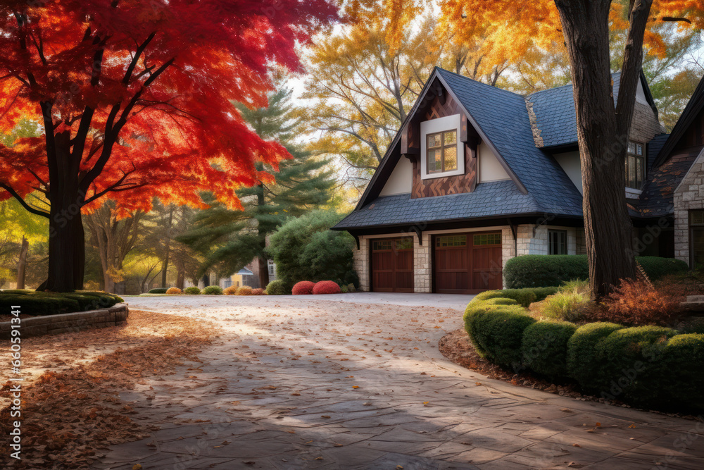 Beautiful Suburban Home residential neighborhood Autumn Season Day Blue Sky. Beautiful Suburban Home residential neighborhood Autumn Season Day Blue Sky.