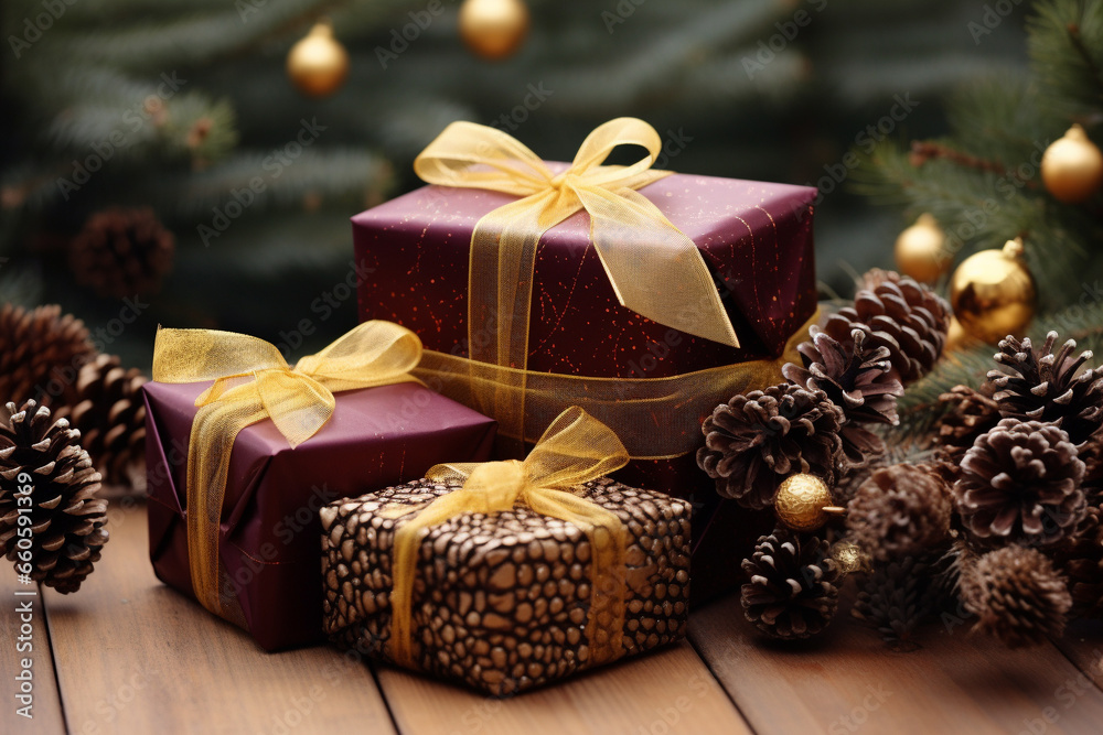 Maroon And Gold Gifts Nestled Among Pinecones