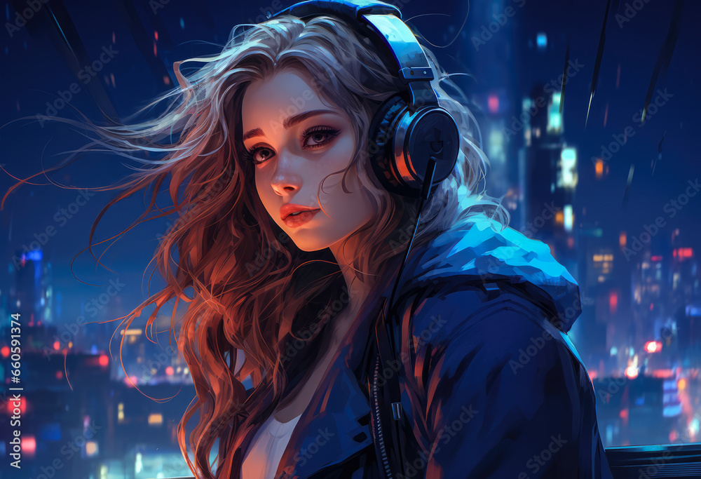 Anime girl with a futuristic city background Anime girl with a futuristic city background