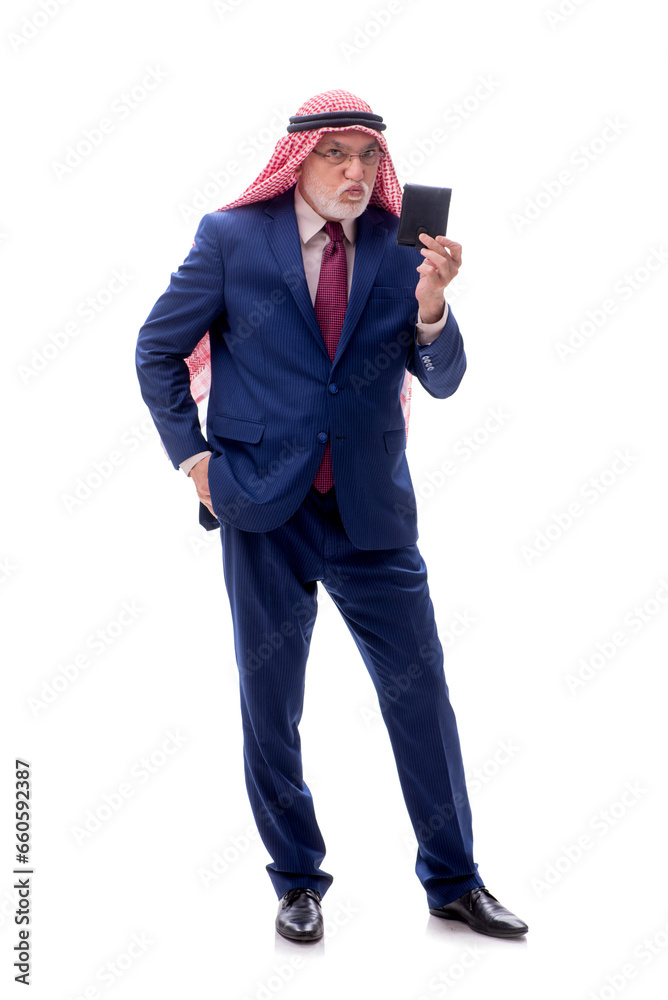 Old arab businessman holding wallet isolated on white Old arab businessman holding wallet isolated on white