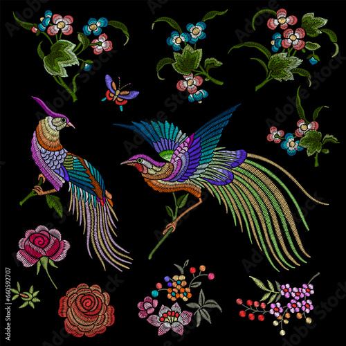 Embroidery Shinoiserie Birds of Paradise, Flowers, Butterflies.