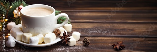 Hot chocolate - hot chocolate with marshmallows, Christmas background. Against the background of glare and a wooden table.