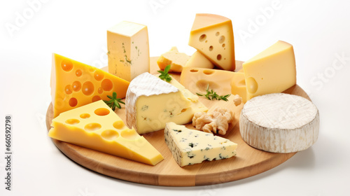 Cheese plate with different types of cheeses on a wooden plate on white background
