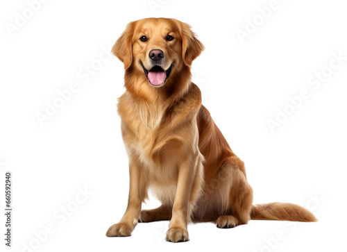 Golden Retriever sitting in front of a white background © PHdJ