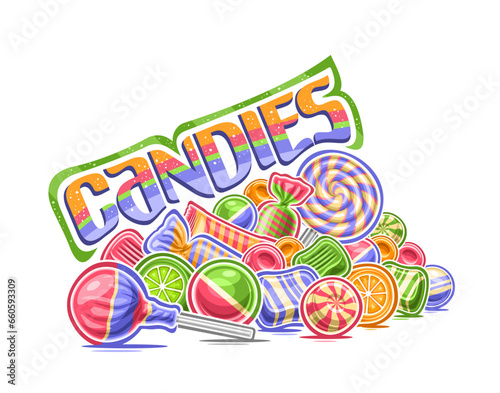 Vector Pile of Candies, outline illustration of multi colored candy still life composition, sweet print with group of swirly lolipops and fun bubble gums in striped cellophane package and text candies