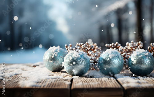 Winter snow-covered wooden table with balls. Blue Christmas background copy space