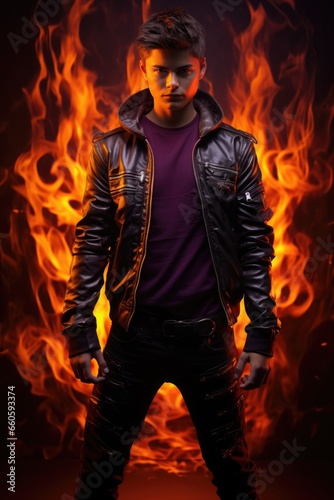 tough teen boy. urban fashion. magical background flames. Urban fantasy character. Glowing magic energy fractal hands. Action superhero pose. Sorcery, wizard, witch, spell, superpower, super power. 