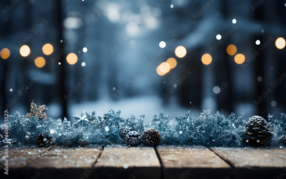 Winter snow-covered wooden table with a bokeh background, copy space