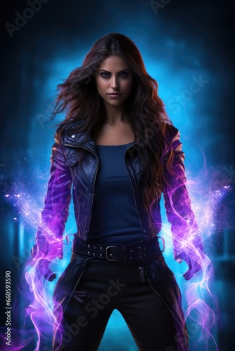 brunette. long hair. purple and blue glowing flames. Urban fantasy character. Glowing magic energy fractal hands. Action superhero pose. Sorcery  wizard  witch  spell  superpower  super power. 