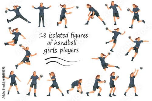 18 figures of girls playing handball in black uniforms training  standing  running  rushing  jumping  catching  throwing the ball