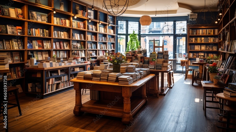 A cozy bookshop with wooden shelves, the space above the counter waiting for literary event promotions or branding.