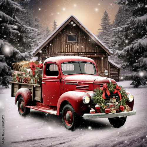 Obraz na płótnie Old red Christmas truck on a snowy road