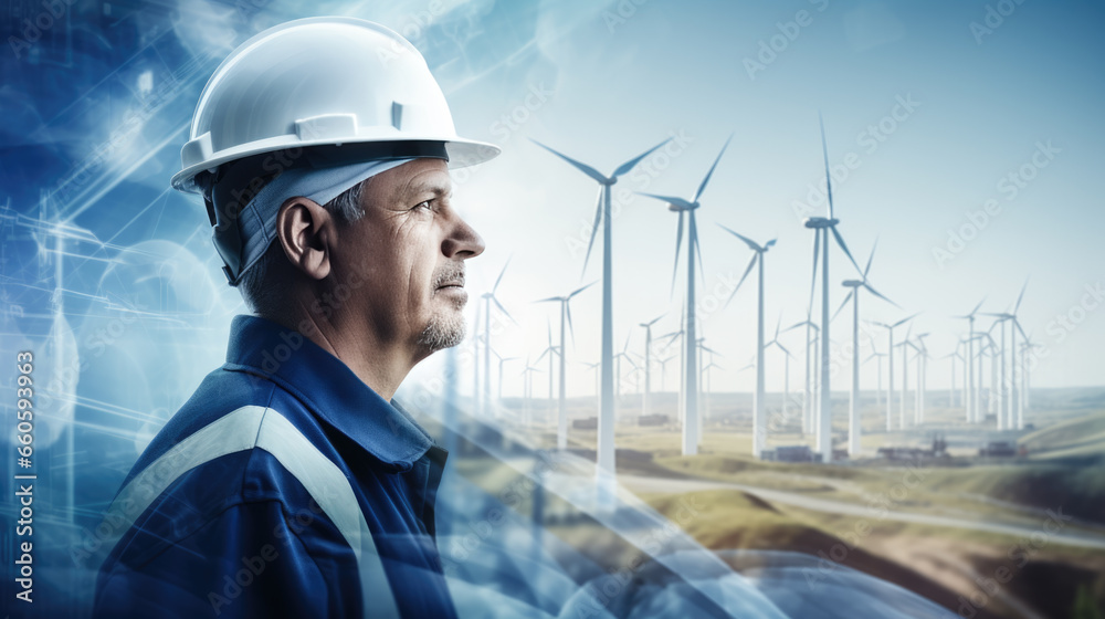 Double exposure of an engineer wearing a protective helmet against a backdrop of turbines. Environmental concept.