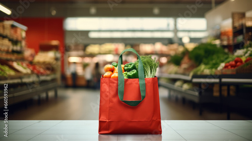 Shopping bag with groceries on wooden table in front of blurry grocery shop photo