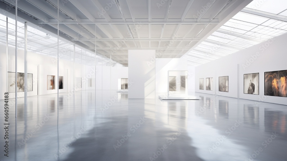 A modern art gallery with vast white walls, the floors reflecting space for art exhibitions or branding.