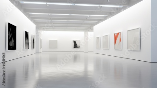 A modern art gallery with vast white walls  the floors reflecting space for art exhibitions or branding.