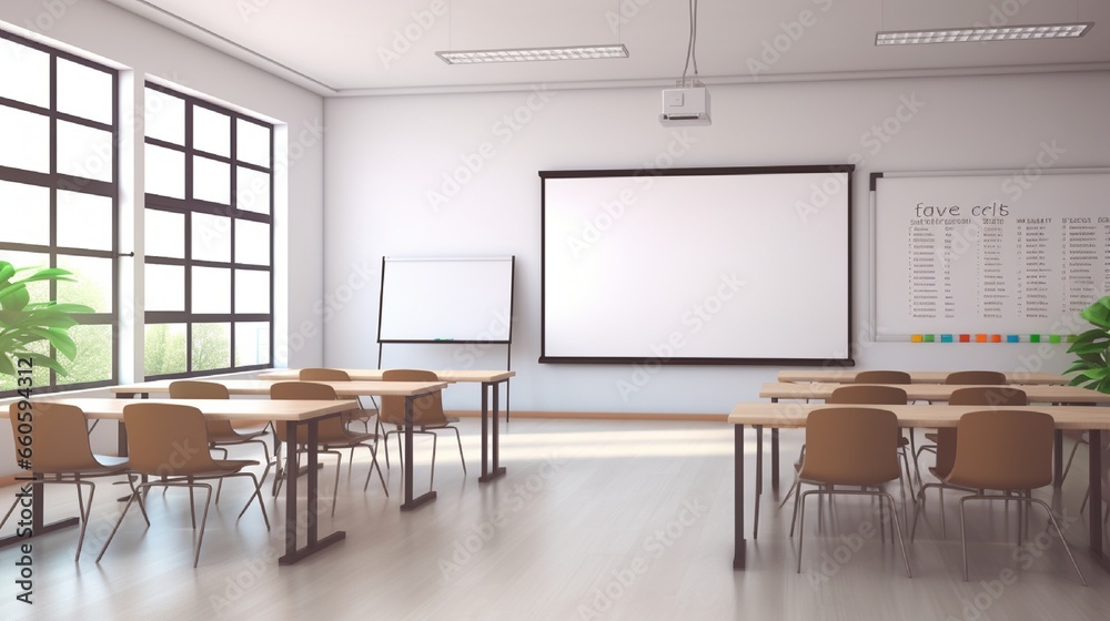 A modern classroom with smart boards, the empty whiteboard awaiting educational content or school branding. A modern classroom with smart boards, the empty whiteboard awaiting educational content or school branding.