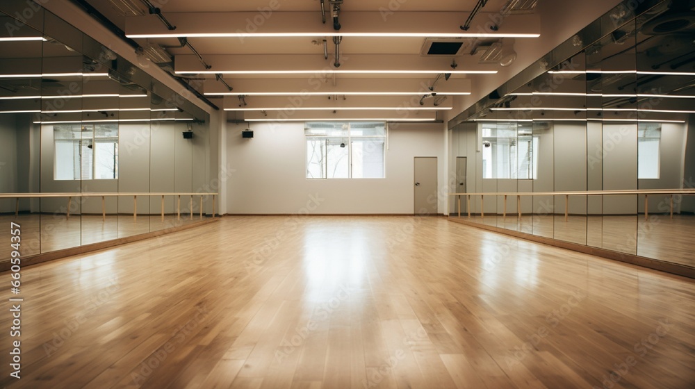 A modern dance studio with mirrors, the floor's reflection providing space for dance tutorials or branding.