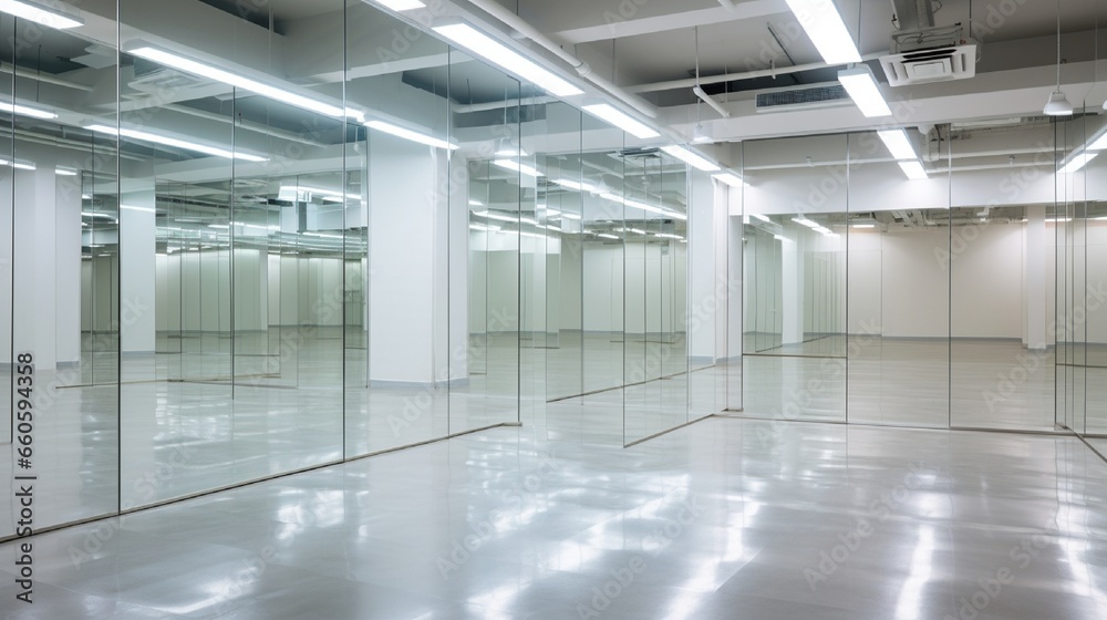 A modern dance studio with mirrors, the floor's reflection providing space for dance tutorials or branding. A modern dance studio with mirrors, the floor's reflection providing space for dance tutorials or branding.