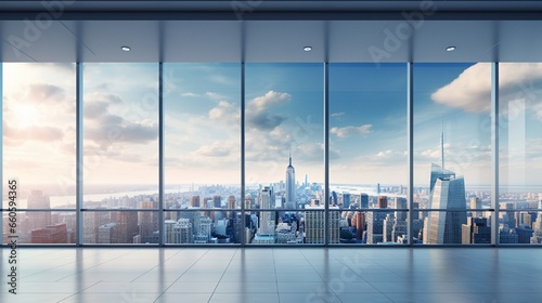 A modern office space with vast windows overlooking a cityscape  the sky providing room for text.