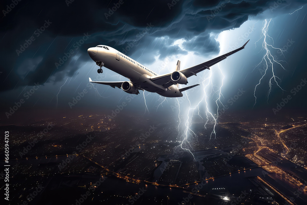 Airplane Is Flying In The Sky With A Lot Of Lightning Airplane Is Flying In The Sky With A Lot Of Lightning