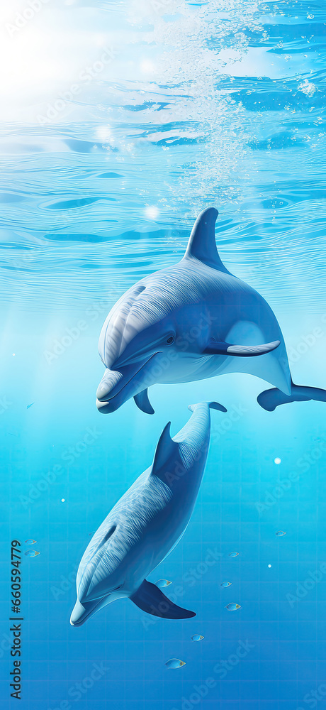 Obraz premium Dolphins Swimming Gracefully In Transparent Sea. Cell Phone Wallpaper