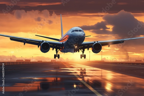 Airplane Landing At Airport In Stormy Weather During Sunset