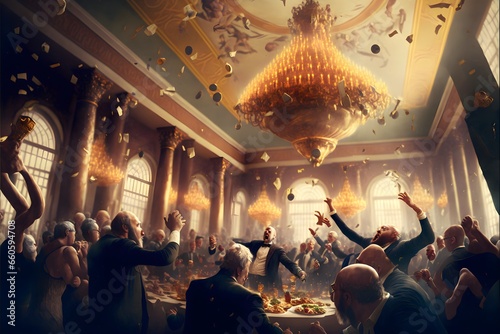 upper class old men and women rioting at the Nobel dinner chaos fights boxing mobs madness food flying through the air spaghetti hanging from chandeliers moshpit cinematic  photo
