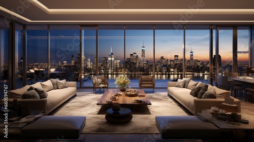A sophisticated penthouse living area with panoramic windows, the city skyline offering vast copy space.