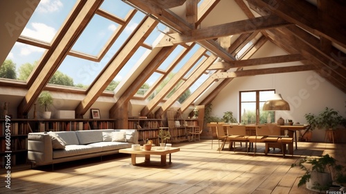 A spacious attic with wooden beams, the open area under the skylight ready for creative ideas or designs.