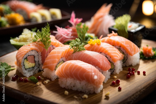 sushi with salmon sushi rolls, sashimi large, juicy Generative AI