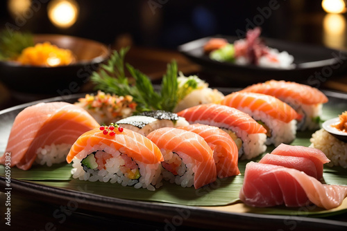sushi with salmon sushi rolls, sashimi large, juicy Generative AI