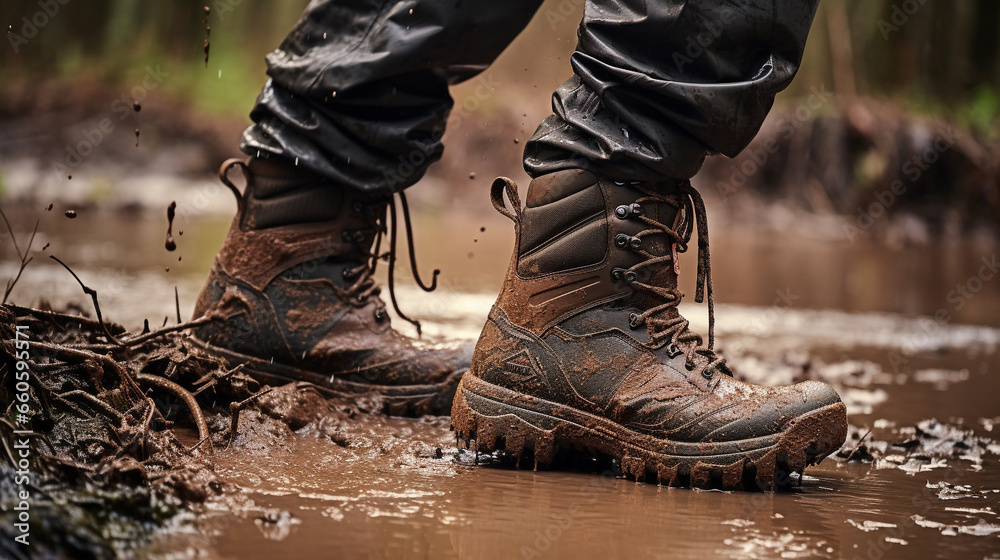Pair of dirty walking boots covered in mud and water, waterproof, outdoors concept Pair of dirty walking boots covered in mud and water, waterproof, outdoors concept