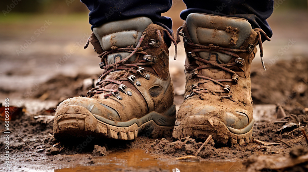Pair of dirty  walking boots covered in mud and water, waterproof, outdoors concept